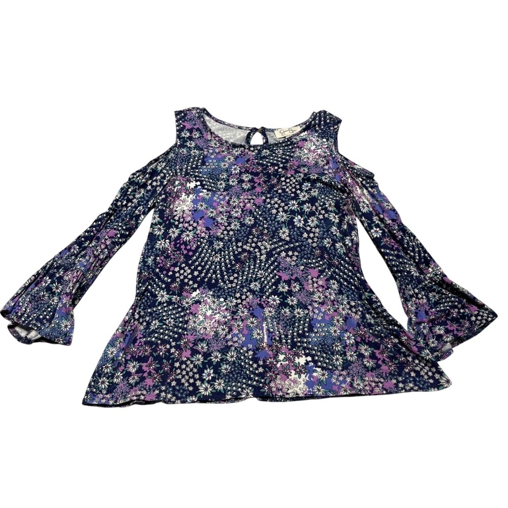 Jessica Simpson‎ Cold Shoulder Blouse Womens Large Blue Floral Bell Sleeve